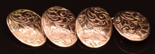 A pair of 9ct rose gold cufflinks with chased decoration, ?Chester 1920, 4.7g