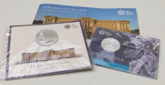 Royal Mint 2015 Buckingham Palace UK £100 five silver coin pack and a 2015 silver £50 Britannia,