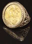A 9ct gold ring set with a 1912 gold full sovereign, size Q, 13.7g