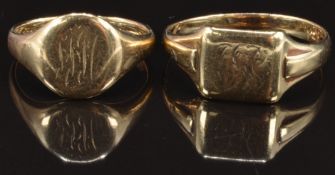 Two 9ct gold signet rings, sizes Z & O, 8.8g