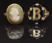 A 9ct gold ring set with a cameo and a 9ct gold ring set with onyx and a gold 'B' , 5.8g