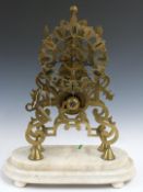 Victorian single fusee brass skeleton clock raised on a marble plinth under a glass dome, H48cm