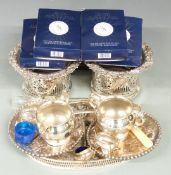 Pair of silver plated wine coasters, Mappin & Webb salad servers, 19thC Humpty Dumpty baby's rattle,