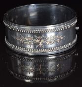 Victorian silver bangle with applied gold foliate decoration, 2.5cm, 30g, internal dimensions 5.5