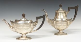 Gorham American white metal teapot and coffee pot with engraved floral swag decoration, marked to