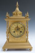 Brass cased French two train mantel clock with etched decoration to case, brass Arabic dial, pierced