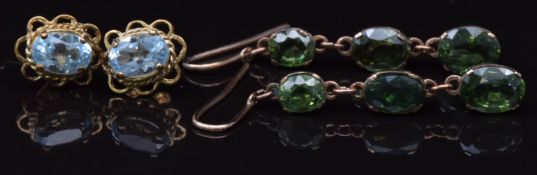 A pair of yellow metal earrings set with tourmaline and a pair of 9ct gold earrings set with