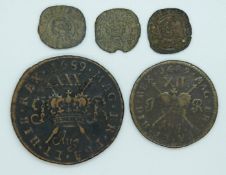 Gun Money James II 1689 half crown August, together with a shilling and three Charles I Rose
