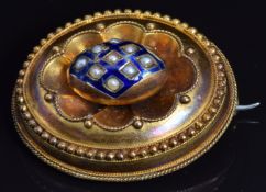 Victorian Etruscan Revival brooch set with blue enamel and seed pearls, 3.2 x 2.8cm, 6.7g