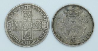 George II 1746 half crown LIMA under bust NONO to edge, together with George IV 1821 example