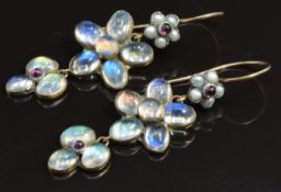 A pair of 9ct gold earrings set with moonstones, pearls and garnets