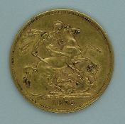 1876 Queen Victoria young head gold full sovereign, Melbourne Mint