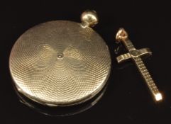 A yellow metal engine turned locket and a 9ct gold cross, 8.4g
