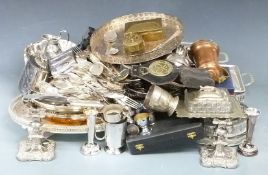 Silver plated ware including trays, pierced basket, cutlery, copper and brassware