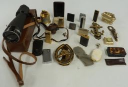 Collection of lighters including Dunhill, Colibri and Pierre Cardin, pipe, brass door knockers and a