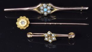 Edwardian 15ct gold brooch set with seed pearls (1.1g), a 9ct gold stick pin and a 9ct gold