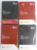 Royal Mint UK Annual coin sets comprising 2013, 2014, 2015 and 2016, packs still sealed