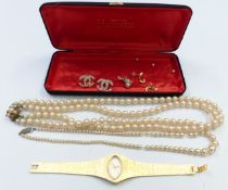 Two strands of faux pearls, earrings and a Tissot watch