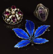 Norwegian silver brooch set with blue enamel, Austro-Hungarian brooch and a silver ring set with