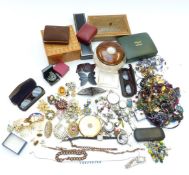 A collection of jewellery including pocket watch, three silver ingots, beads, vintage brooches, etc