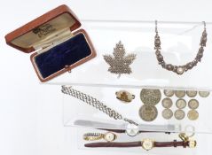 A silver necklace set with marcasite, silver coins, silver fob chain, vintage jewellery box,