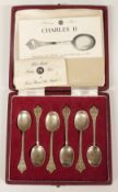 Cased set of six hallmarked silver spoons reproducing the Trefid spoons of Charles II, Sheffield