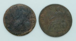 William III 1699 mule halfpenny P686, VF, together with one other