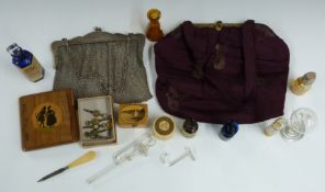 Hallmarked silver mesh evening bag, width 16.5cm, weight 209g, watch keys, mauchlin ware boxes,