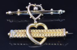 Two Victorian 9ct gold brooches in the form of hearts, one Birmingham 1897, 3g
