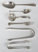 Georgian and later hallmarked silver cutlery including bright cut sugar tongs, weight 142g