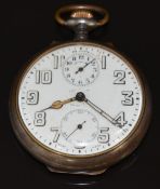 Zenith keyless winding open faced pocket watch with alarm, cathedral hands, Arabic numerals, inset