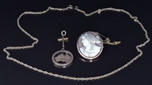 A 9ct gold Australia pendant, 9ct gold cross, cameo brooch and 9ct gold chain, 3.8g, length 50cm