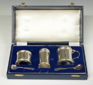 Cased three piece hallmarked silver cruet set, Birmingham 1964, maker J B Chatterley & Sons Ltd,