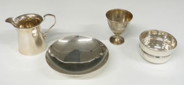 Hallmarked silver jug, egg cup and bowl together with a shallow footed bowl marked Sterling