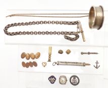 Two pairs of 9ct gold cufflinks, 9.2g, seal, pencils, silver fob chain, silver watch, etc