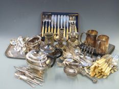 Silver plated ware including Walker & Hall tea set, Russian candlesticks, height 18cm, cutlery,