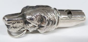 Novelty white metal dog's head whistle, marked 925, length 5cm, weight 11g