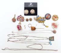 A collection of jewellery including Swarovski earrings, Luctie and micromosaic brooches, silver