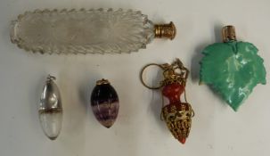 Scent bottles comprising cut glass example with gilt metal lid, length 11.5cm, egg shaped example,