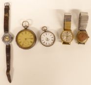 Five various watches comprising two silver open faced pocket watches, two gents wristwatches, one