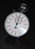Heuer keyless winding open faced stopwatch with subsidiary dial, blued hands, black and red Arabic