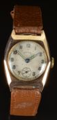 Shield Art Deco 9ct gold gentleman's wristwatch with inset subsidiary seconds dial, luminous blued