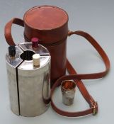 Leather cased three division spirit flask set with tot cups, height 18cm