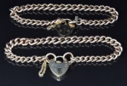 Two 9ct rose gold curb link bracelets with heart padlocks, 39.7g