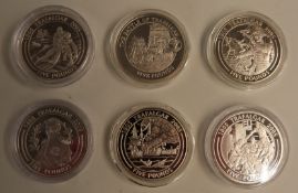 Six silver 'Battle of Trafalgar 1805-2005 £5 crowns