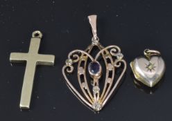 A 9ct gold cross pendant, 9ct gold Edwardian pendant and a 9ct gold heart, 8g