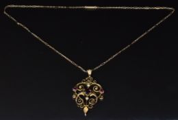 Edwardian 9ct gold pendant set with garnets and seed pearls on a 9ct gold chain, 5.3g, length 42cm