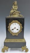 French figural slate mantel clock on ormolu feet, the enamel Roman dial with steel hands, the two