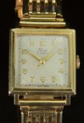 Elco 9ct gold gentleman's wristwatch with gold hands and Arabic numerals, silver dial, square case