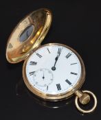 Unnamed 14ct gold keyless winding half hunter pocket watch with inset subsidiary seconds dial, blued